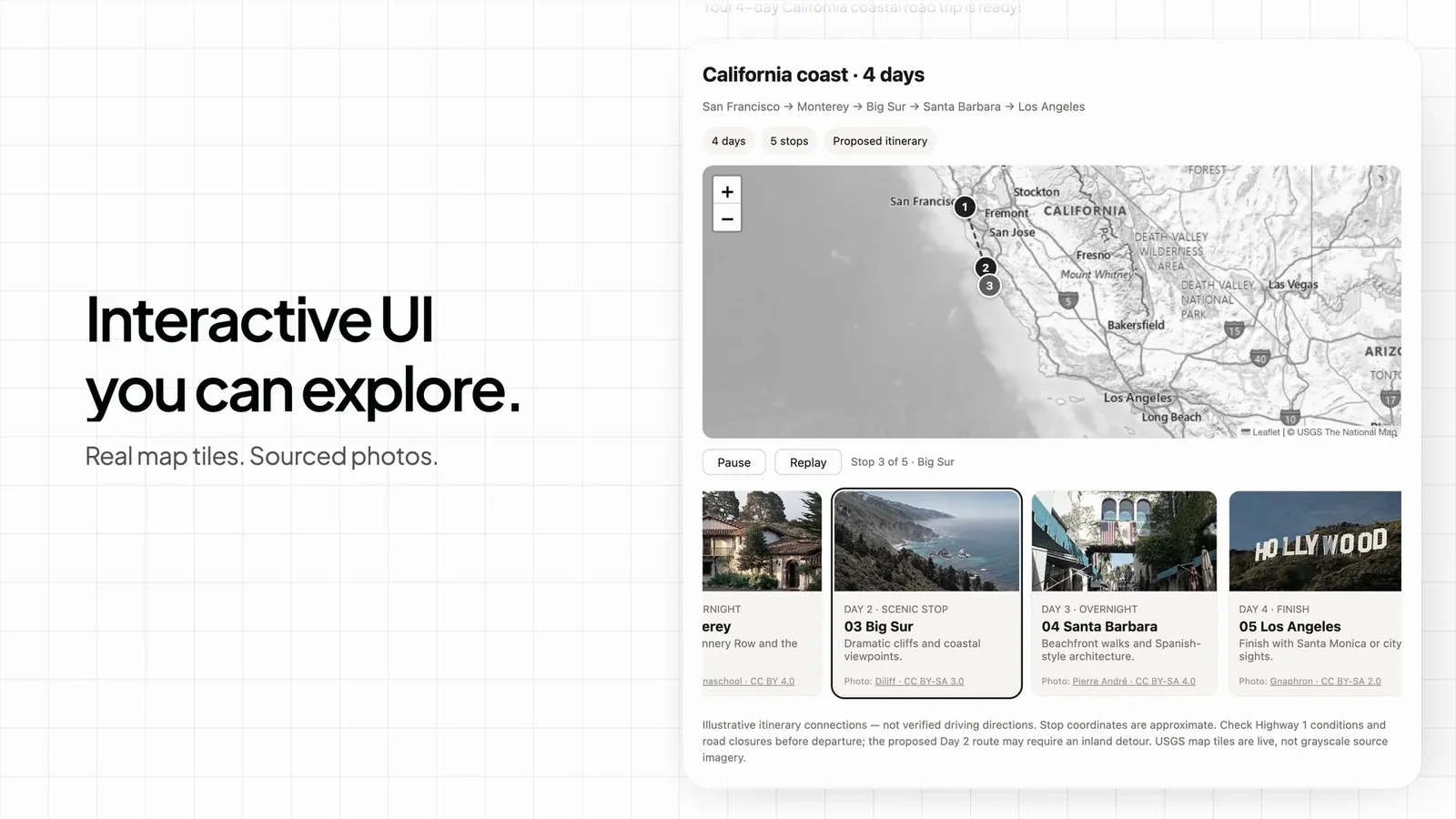 Frame from the launch film: the headline “Interactive UI you can explore” beside a generated four-day California coast map with numbered stops and photo cards