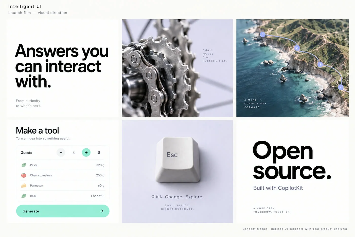 Concept board with a headline card, a gear macro, a coastal aerial with pins, a meal-planner tool, a keycap, and an open-source card