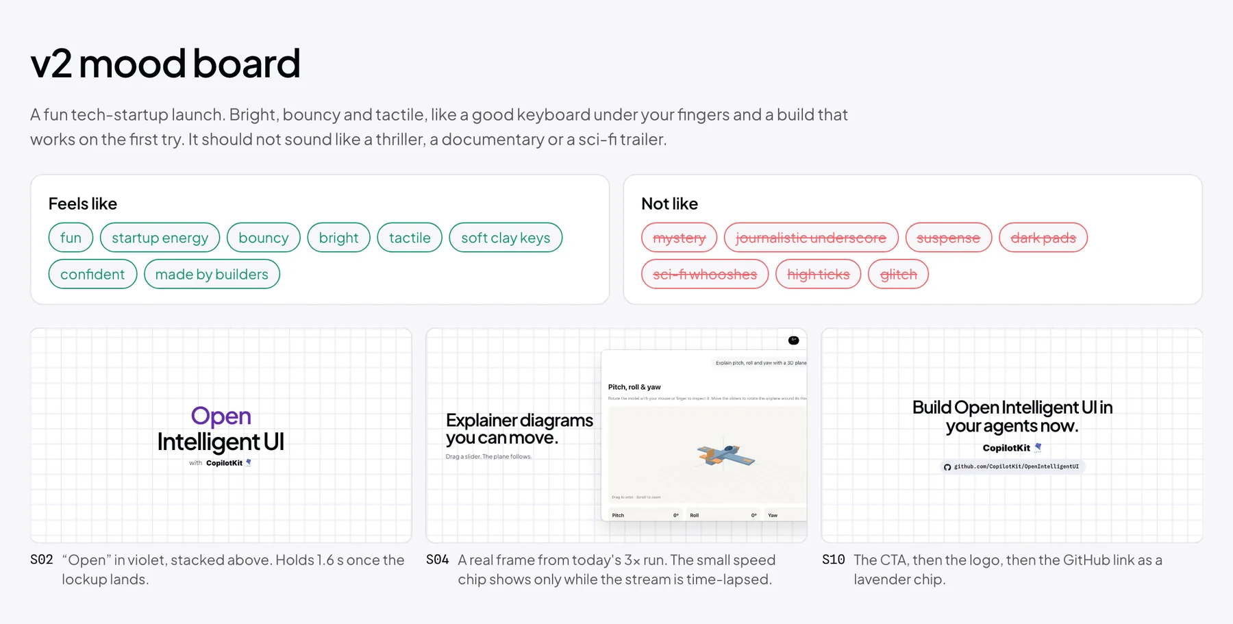 Mood board with “feels like” and “not like” word lists and mock frames of the title, a plane answer, and the closing call to action