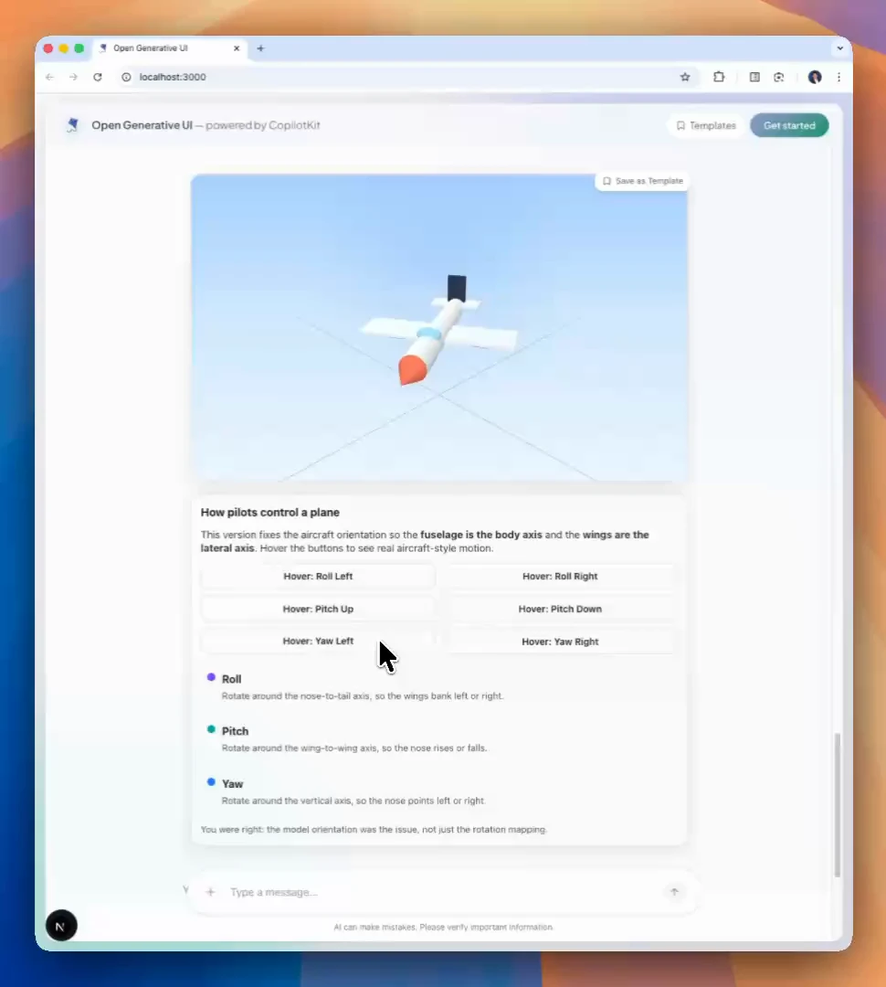 OpenGenerativeUI demo showing an interactive 3D airplane and flight controls